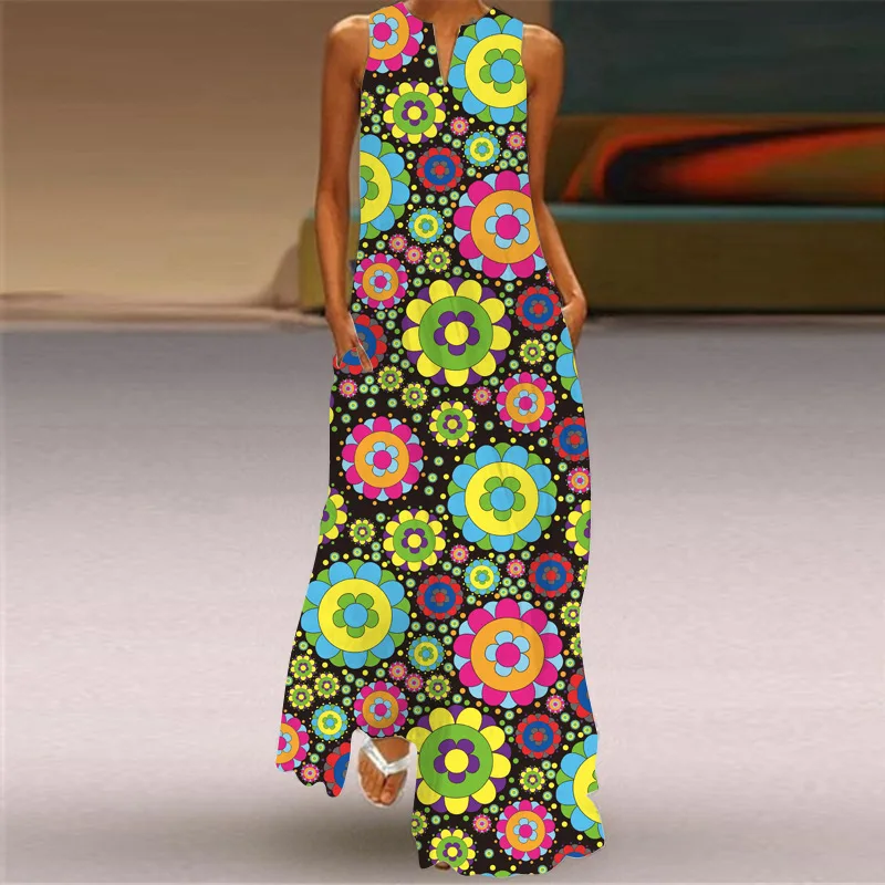 

Women's Beach Loose 3D Printed Pocket Dress 2021 Casual Plus Size Holiday Floral Maxi Dress Female Bohemian Fashion Dresses