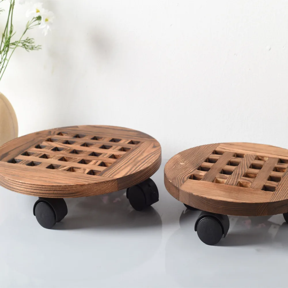 

Rolling Wooden Planter Tray Pot Receptacle Gardening Garden Tool With Wheels Round Mobile Flower Stand