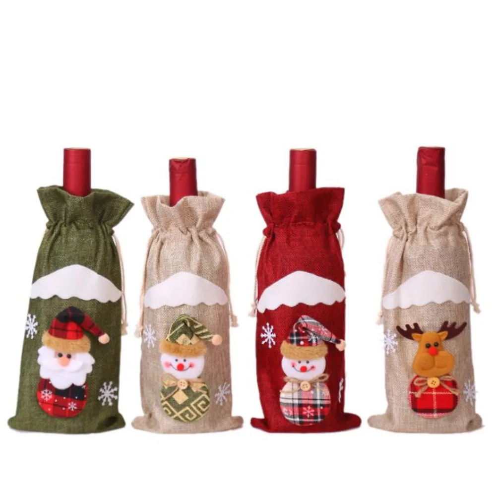 

Jute Wine Bags Christmas Decoration Santa Claus Ornaments Xmas Champagne Wines Bottle Covers Drawstring Bag Partyware