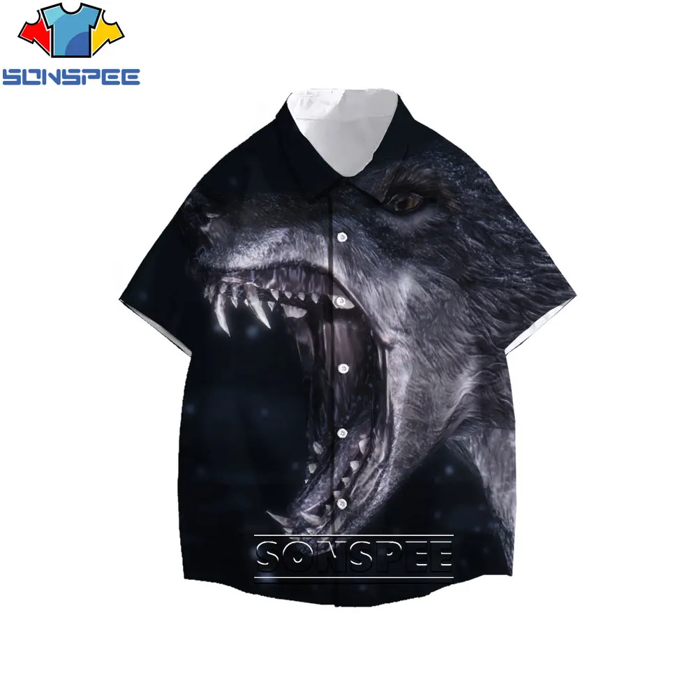 

SONSPEE Men Women Shirt Animal Wolf Picture Terrible Ferocious Summer Style Outdoor Street Harajuku Cool Single-Breasted Shirt