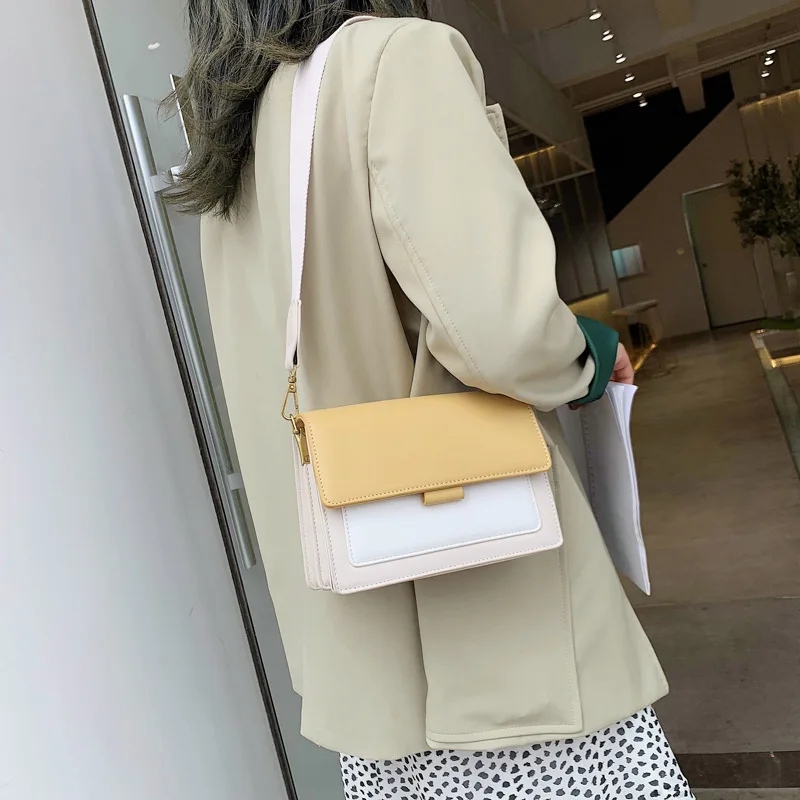 

Кожаные сумки через плечо контрастных цветов для женщин, 2021, дорожная сумка, модная простая сумка на плечо, женская сумка через плечо