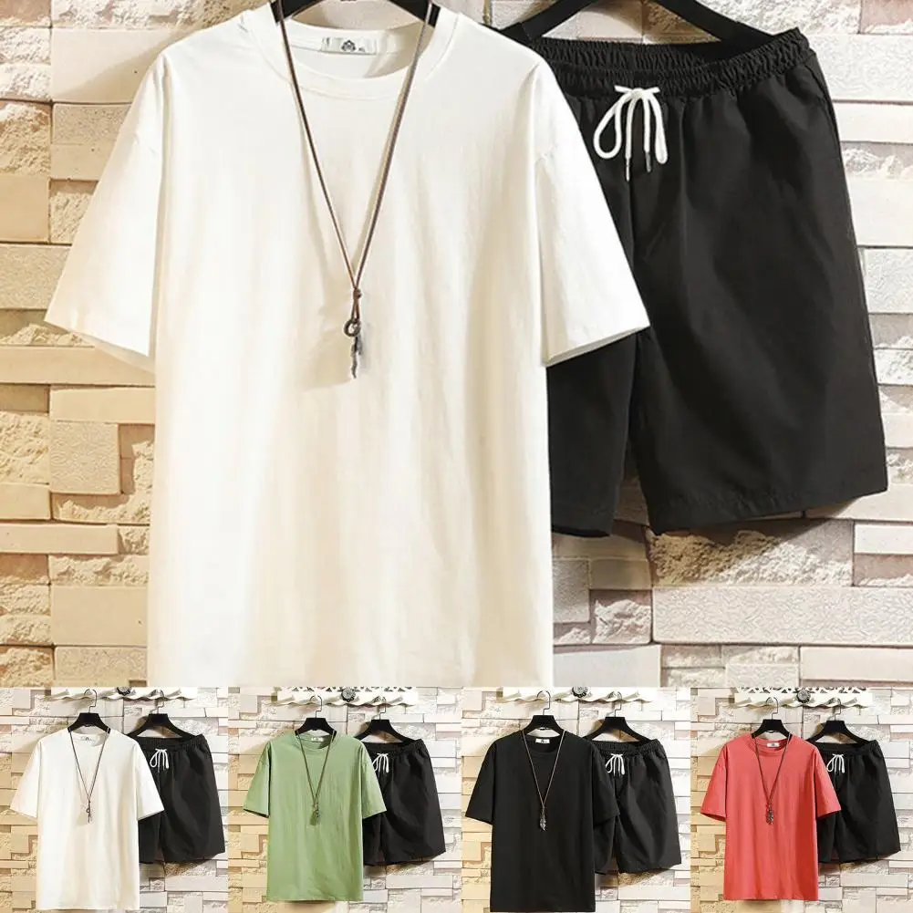 

Мужская простая спортивная одежда, однотонная приятная для кожи футболка на шнуровке с круглым вырезом и короткими рукавами, шорты, костюм, ...