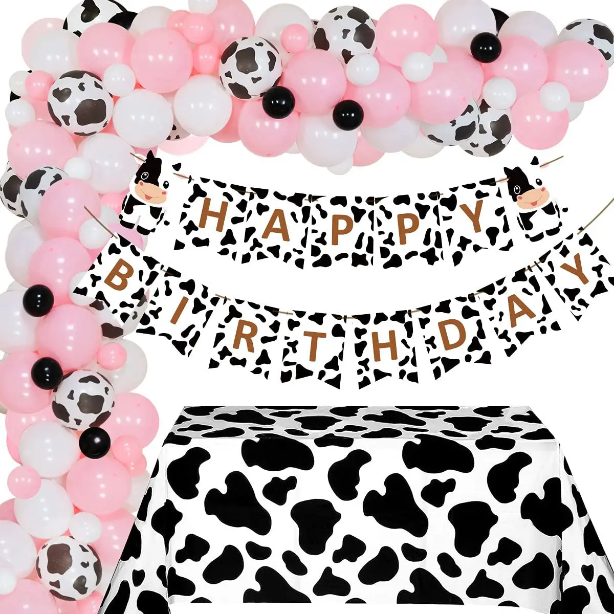 Kit de arco de guirnalda de globos con tem&aacute;tica de vaca, decoraci&oacute;n de fiesta, mantel con estampado de vaca para el 1 &deg; y 3 &deg;, suministros para fiesta de cumplea&ntilde;os de ni&ntilde;os y ni&ntilde;as-0