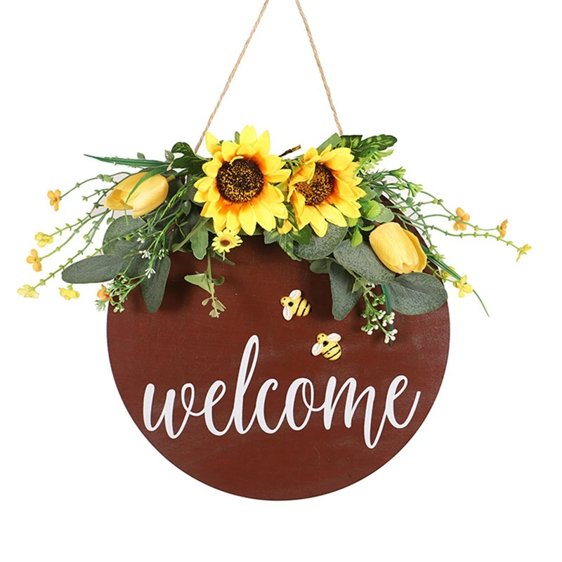

Bee Day Artificial Sunflower Wreath Welcome Sign Hanging Round Wood Sign for Front Door Farmhouse Garland Wall Decor
