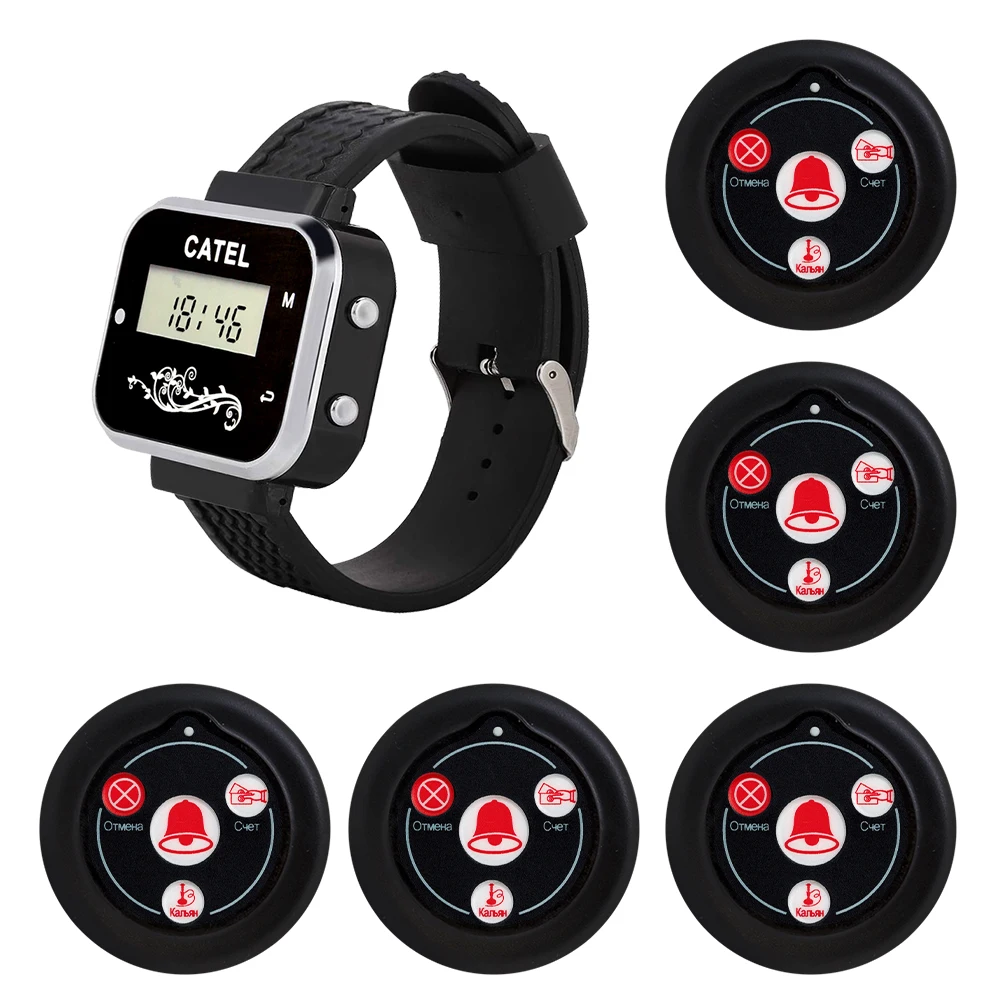 CATEL Russian Show 5 pcs Call Button Transmitter 1 Watch Receiver Wireless Pager 433.92mhz for Restaurant Calling System Buzzer