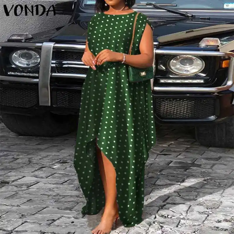 

Women O Neck Sleeveless Pleated Dress VONDA Vintage Polka Dot Printed Asymmetric Hem Vestidos Plus Size Irregular Hem Sundress