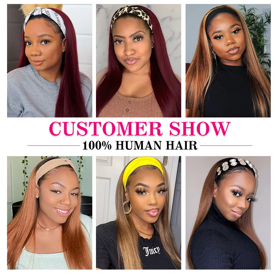 

1b 99J Straight Headband Wig Human Hair Full Machine Made Wig #99J Human Hair Wigs For Black Women with Headband Attached Remy