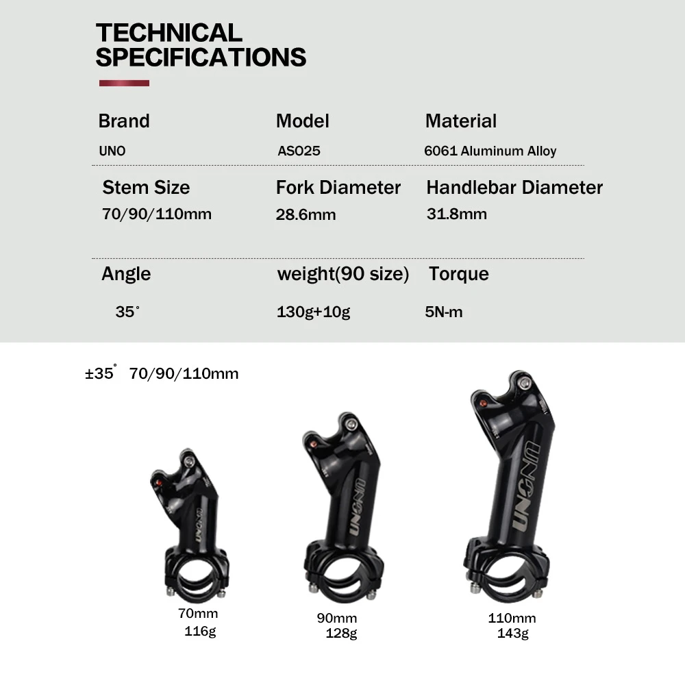 

UNO Bicycle Stem Vintage 35 Degree Length 70mm-110mm Shiny Black Retro Diameter 31.8mm Mountain Super light Bike Stem Parts