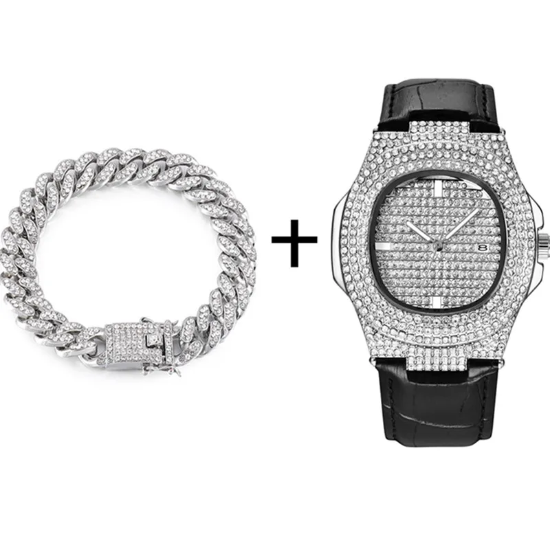 Necklace +Watch+Bracelet Bling Iced Out Miami Zircon Cuban Full Pave Rhinestone Men Bracelet For Jewelry | Украшения и аксессуары