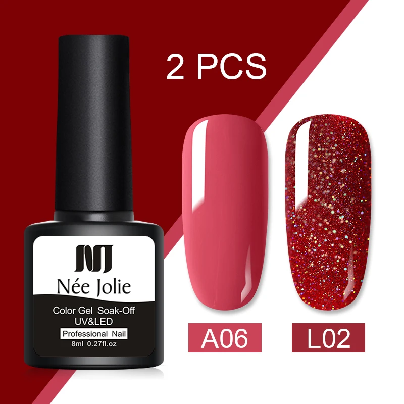 2pcs set 20 NEE JOLIE, 60 цветов, 8 мл, Гель-лак для ногтей, СВЕТОДИОДНЫЙ УФ-гель для ногтей, серый, красный, розовый, лак для ногтей, гибридный гвоздь, Гель-лак - Цвет: 2pcs set 20