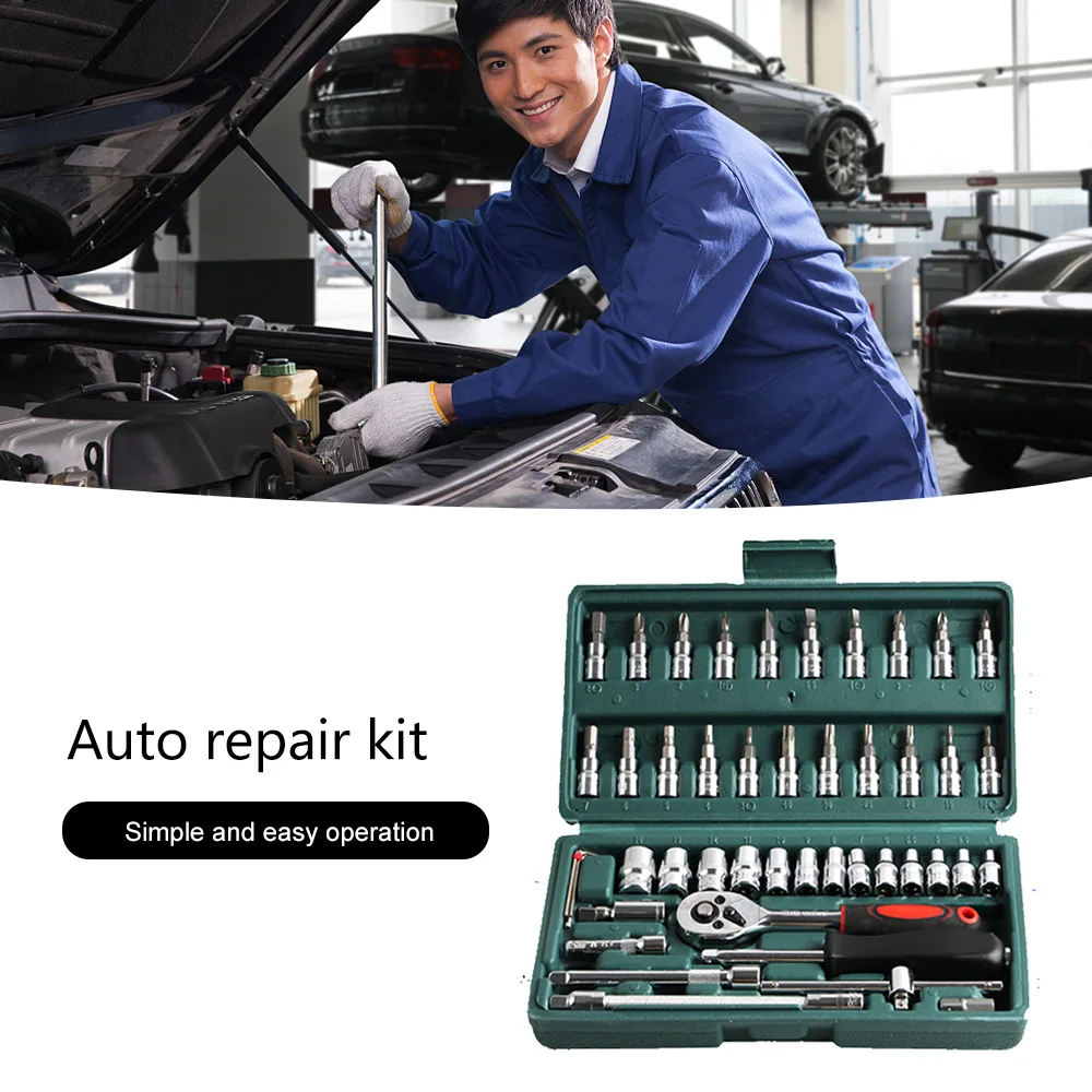

Инструмент для ремонта автомобиля, 46 шт., набор гнезд 1/4 дюйма, инструмент для автомобиля, комбинированный комплект инструментов, набор инст...
