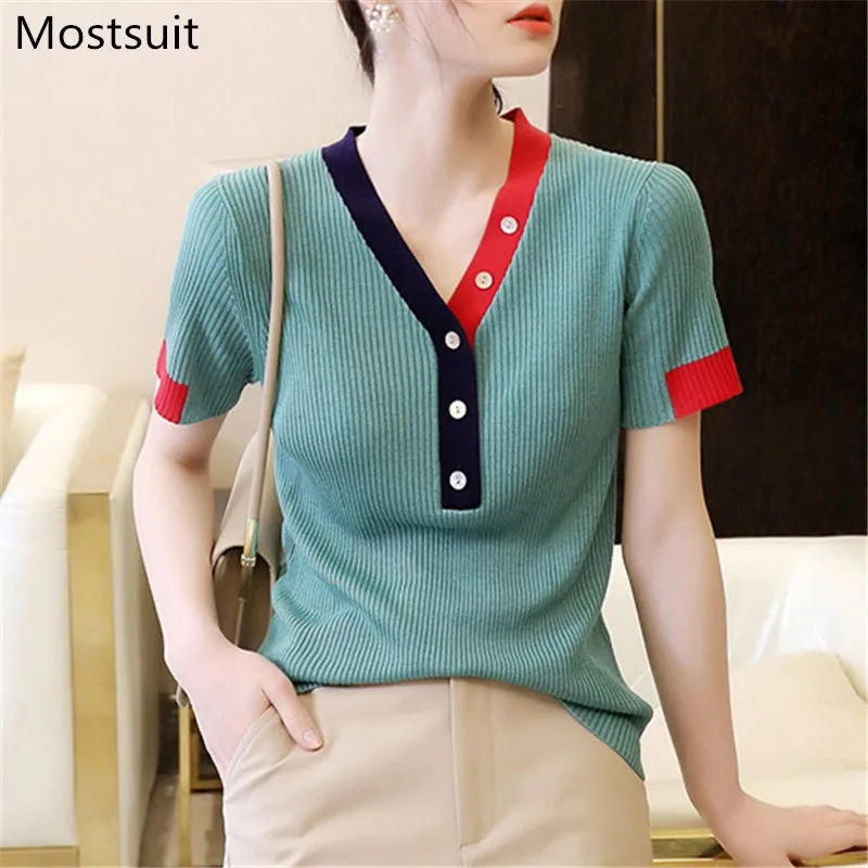 

Пуловер женский трикотажный на пуговицах, с V-образным вырезом, лето, 2021