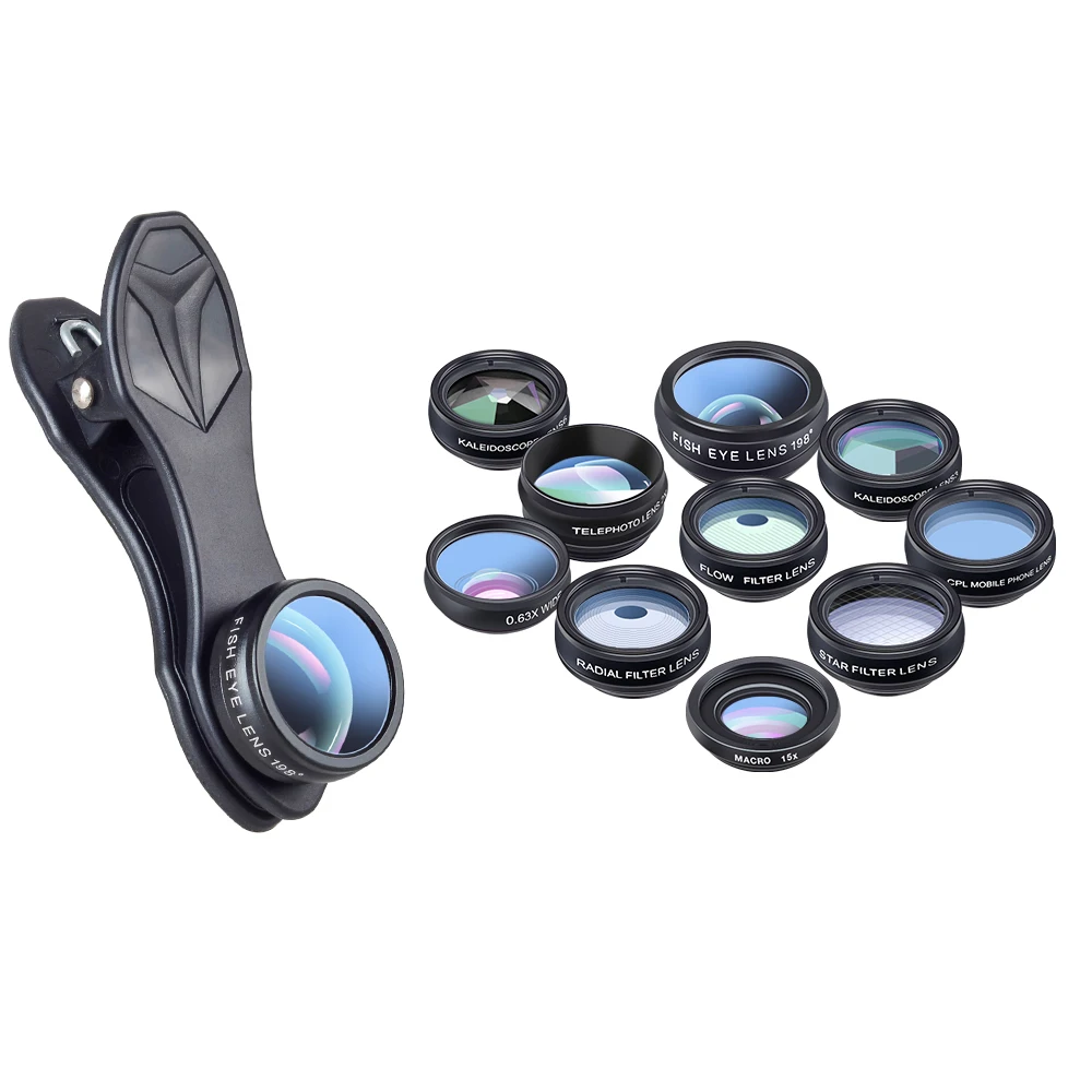 

Набор объективов APEXEL для камеры мобильного телефона 10 в 1 широкоугольный и макрообъектив + объектив «рыбий глаз» телеобъектив CPL/Flow/Star/Калей...