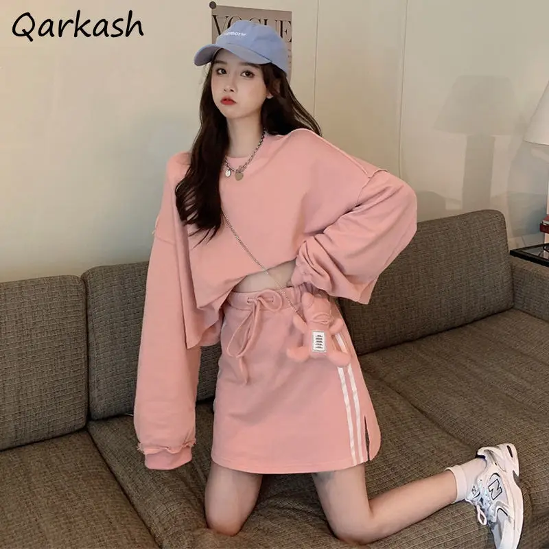 

Pink Sets Women Solid Spring Thin All-match Cropped Casual O-Neck Raglan Sleeve Tops and Drawstring Skirts New 2 Pieces Outfits