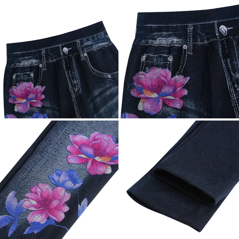 

Fashion Slim Women Leggings Floral Print Pencil Faux Denim Jeans Leggings Casual Women Clothing Plus Size Pencil Pants