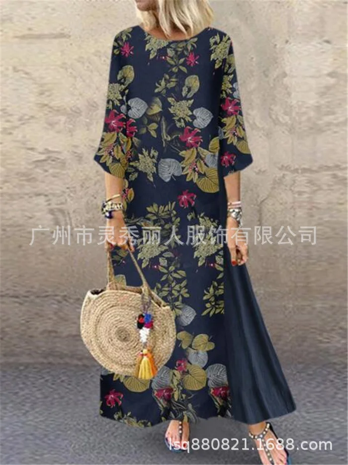 

European and American-Style Autumn Vintage Floral round-Neck Panel Dress