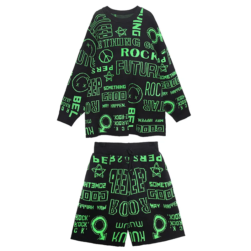 

QING MO Orange Black Women Two Piece Set 2020 Autumn Winter Plus Size Letter Print Knitted Sweater + Shorts Knitted Set LHXX279