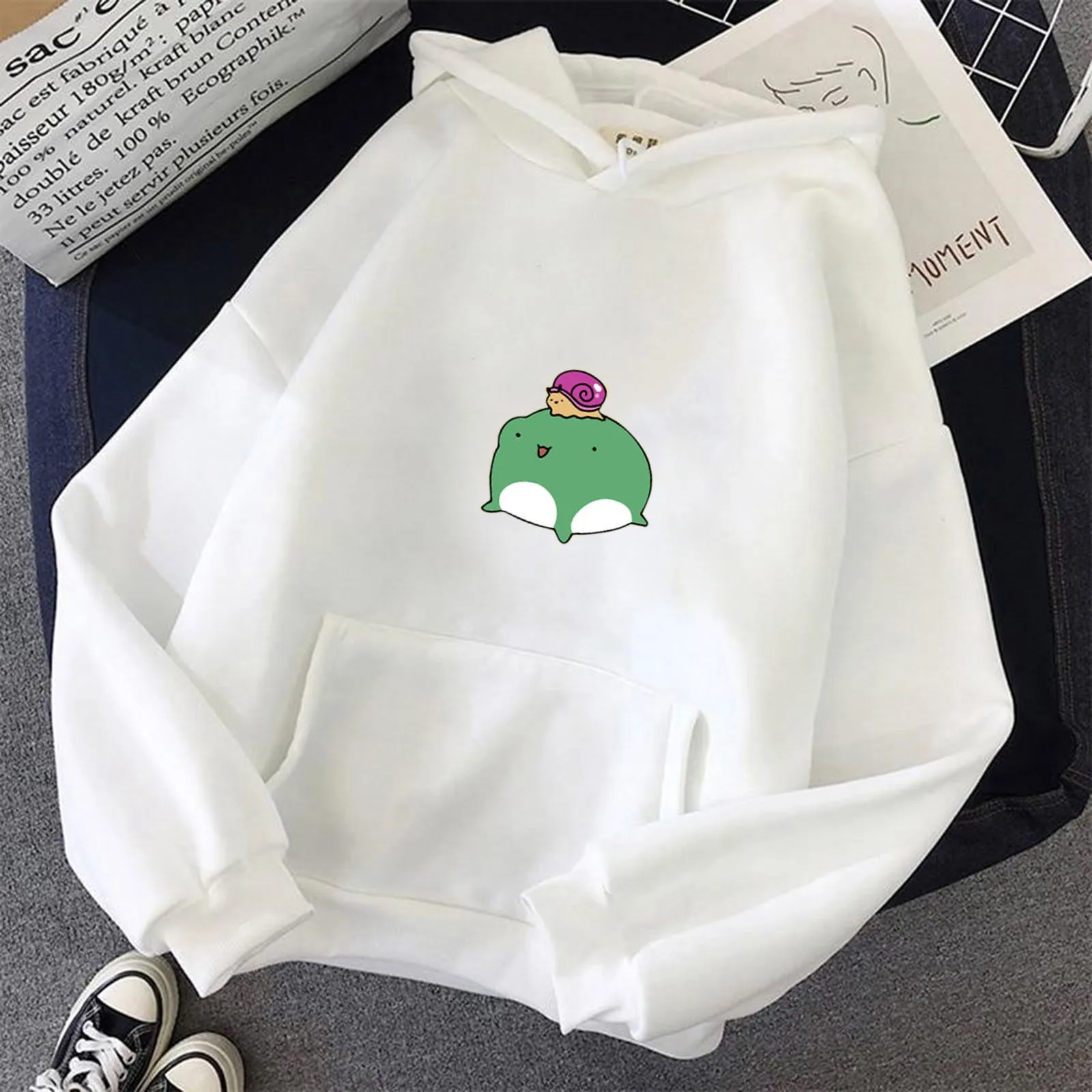 Korean Style 2021 Women Hooded Snails Printed with Pockets Sweatshirt Long Sleeve Casual Pullover Shirt Top Pullover