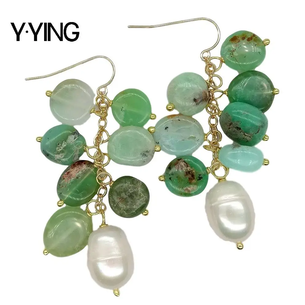 

Y·YING Natural Green Chrysoprase Cultured White Rice Pearl Hook Dangle Earrings