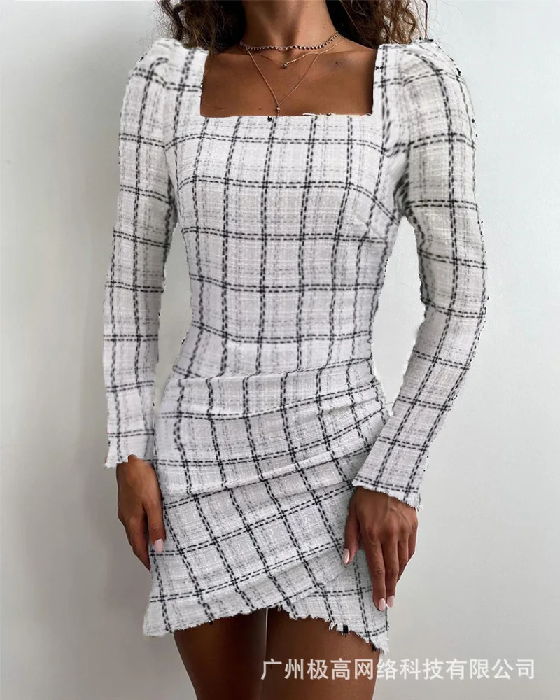

Women's Mini Dress Casual Plaid Dresses 2021 New Long Sleeve Square Neck Autumn Short Dress