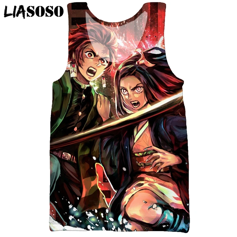 LIASOSO Men's Anime Demon Slayer Fashion Vest Summer Cool Sleeveless Harajuku Tank Tops Streetwear Casual Hip Hop 3D Print Fit