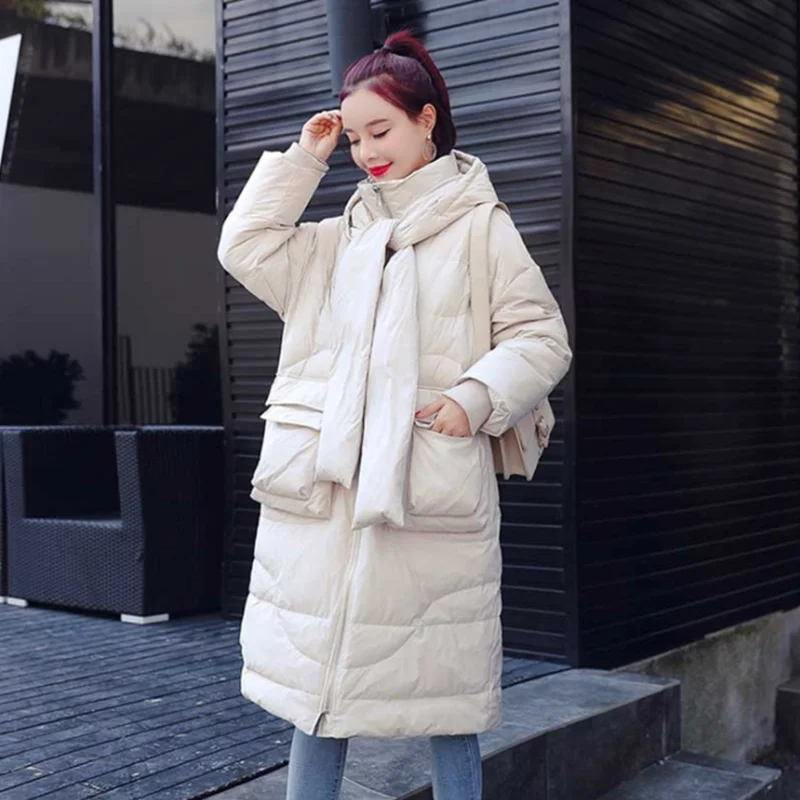 

2019 female winter down jacket new style fashion loose hooded women cotton thick pure color black white warm comfortable coat
