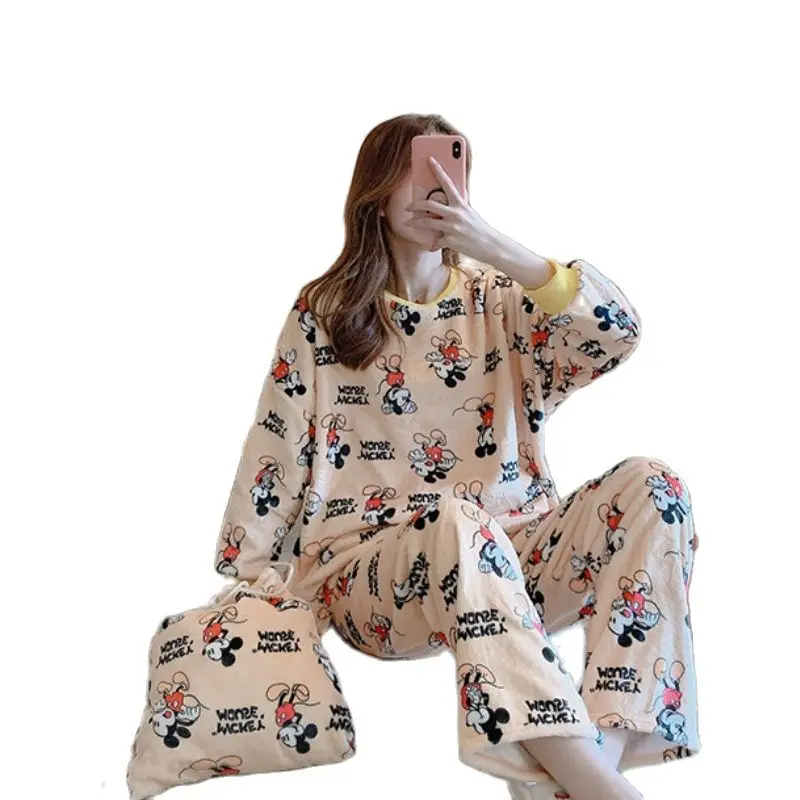 

Disney Mickey Mouse Pajama Set Women Winter Flannel Sleepwear Homewear Thick Warm Female Nightgown Two Piece Set Winnie the Pooh