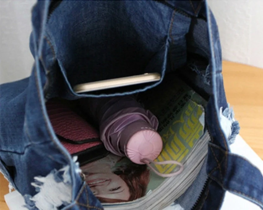 JNKET Fashion Ripped Denim Women's Shoulder Bag Handbag Zipper Casual Tote Bag Portable Bag Purse Broken Hole Fabric Satchel