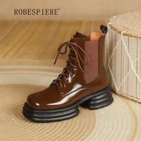 robespiere 2021 lace up martin boots thick soled square toe womens shoes retro plus velvet leather womens winter boots b331