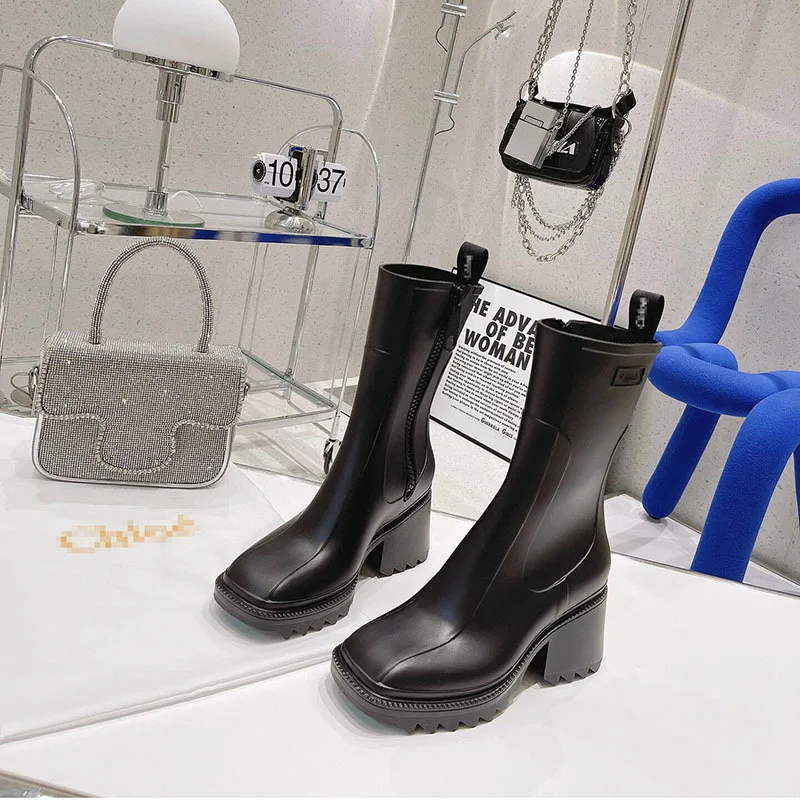 

Ankle Boots Square Toe PVC luxury Brand Women Chunky Heel Rubber Chelsea Boot Fashion Zip High Heels Boot Ladies Thick Bottom