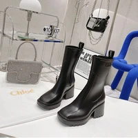 ankle boots square toe pvc luxury brand women chunky heel rubber chelsea boot fashion zip high heels boot ladies thick bottom