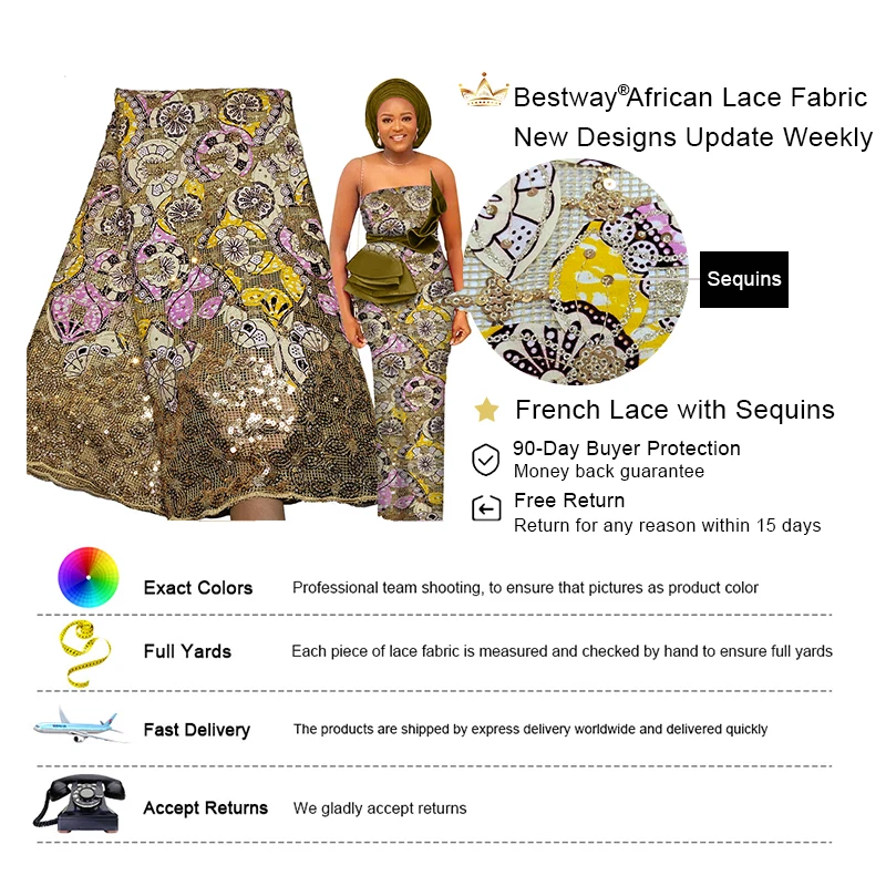 

Bestway Net Lace Fabric 2021 High Quality Sequins Embroidery Nigerian Robe Sewing Material 5 Yards African Lace Fabric Printed
