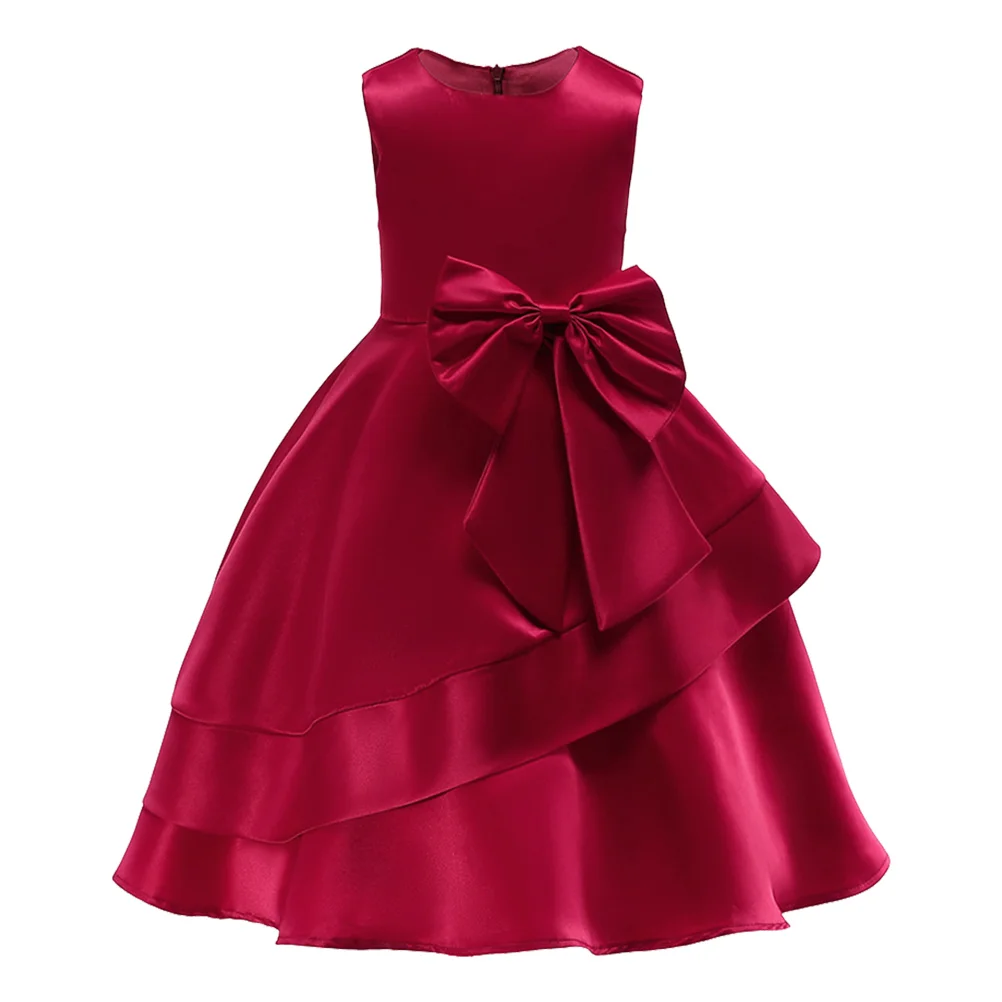 

1pc Girls' Skirt Elegant Sleeveless Summer Dress Bowknot Decor Children Performance Dress - Claret (Size 100#, Suggest Height