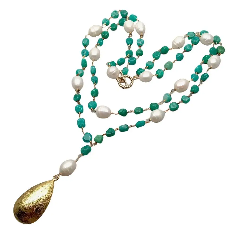 Y·YING Peruvian Amazonite White Rice Pearl sweater chain Necklace Teardrop Brushed Bead Pendant necklace 21&quot for women |