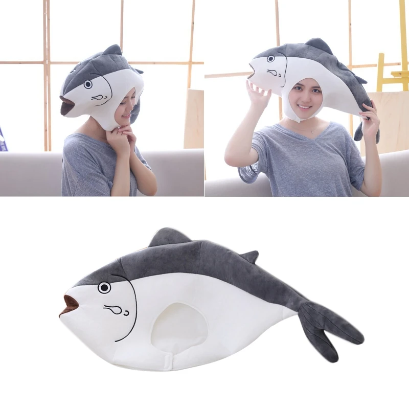

Creative Funny Japanese Anime Salted Fish Plush Hat Stuffed Toy Full Headgear Cap Gag Gift Cosplay Party Photo Props