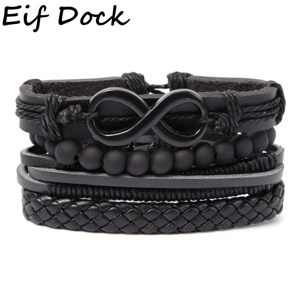 

Eif Dock Mix 4Pcs/ Set Braided Wrap Infinity Leather Bracelets for Men Women Vintage Wooden Beads Ethnic Wristbands Bracelet