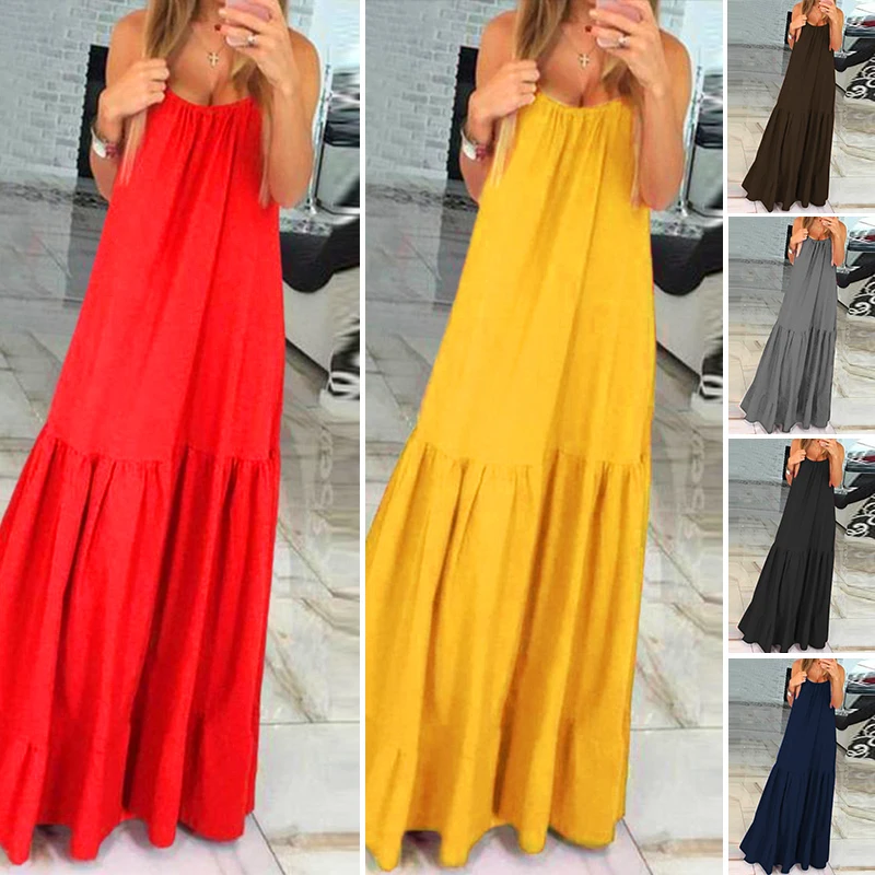 Bohemian Dress Women 2019 Summer Sexy Sleeveless Spaghetti Strap Ruffle Swings Maxi Long Dresses Holiday Vestido Plus Size YXBD8 | Женская