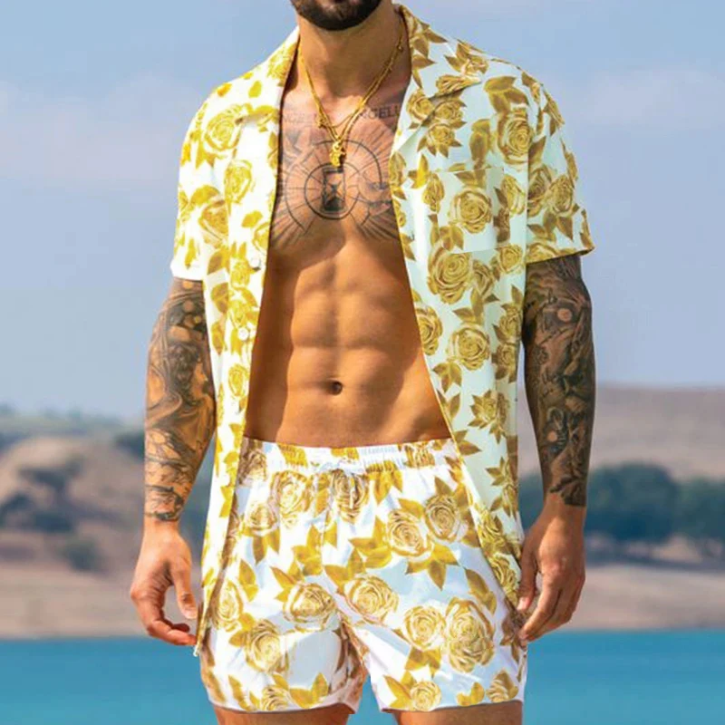 

Men Hawaiian Sets Printing 2021 Summer Short Sleeve Button Shirt Beach Shorts Branded men's clothing Casual Mens Suit 2 Pieces