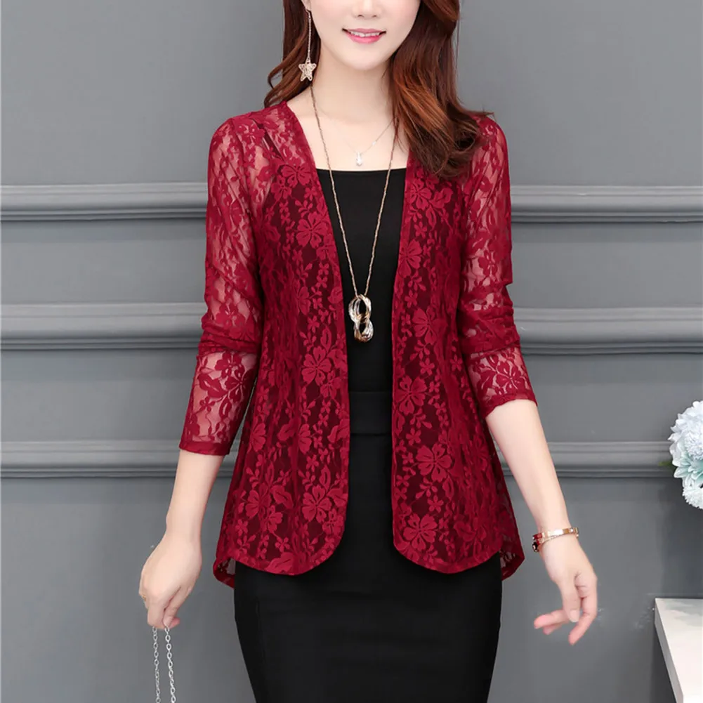 

Newly Women Elegant Lace Hollow Blazer 3/4 Sleeve Open Front Office Cardigan Coat m99
