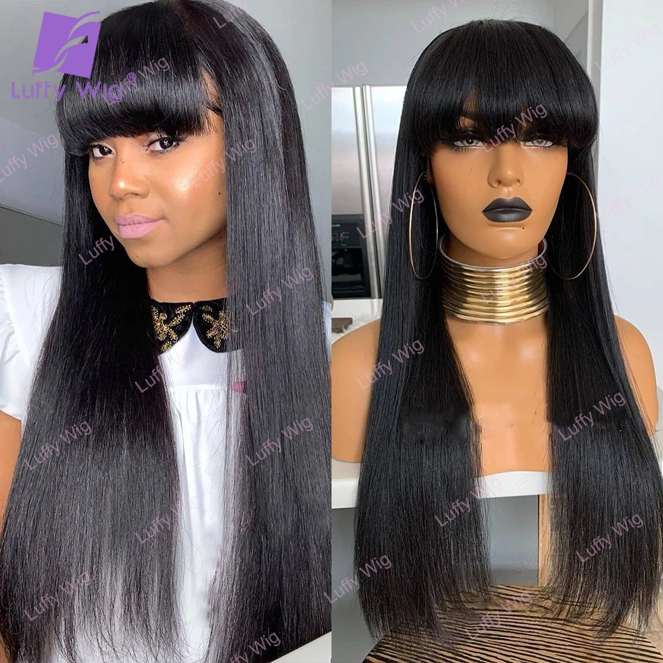 Silky Straight Human Hair Wig With Bangs Brazilian Remy Machine O Scalp Top Bang Wig 200Density Glueless For Black Women Luffy