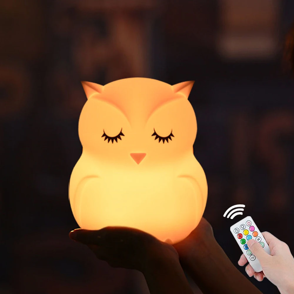 

Owl LED Night Light Touch Sensor Remote Control 9 Colors Dimmable Timer USB Rechargeable Silicone Bedside Lamp for Children Baby