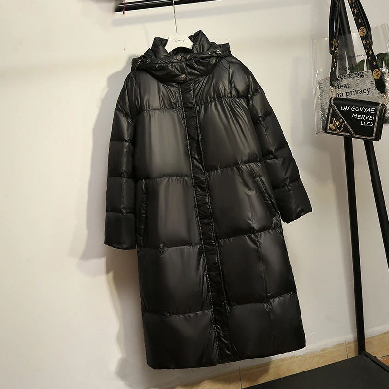 Black Downcoat Long Women Winter Hooded 5XL Plus Size Jacket Zipper White Duck Down Warm Light Large Loose Casual Parkas
