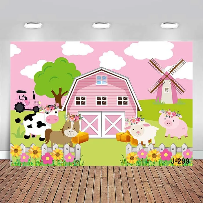 Cartoon Farm Animals Backdrop Pink Barn Girls Kids Birthday Party Photography Background Decorations Photo Studio Booth Props