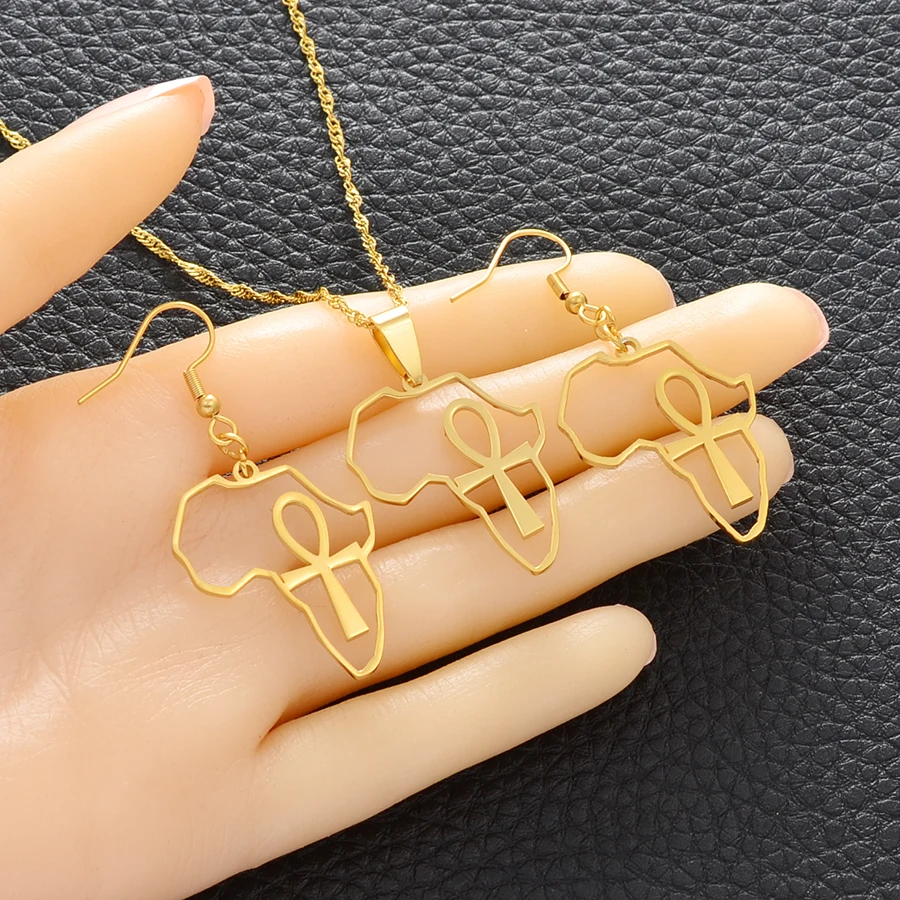 Anniyo Africa Map &amp Ankh Pendant Necklace Women Girl Gold Color Jewelry African Nile Key Chains Egyptian Symbol Cross #154621 |