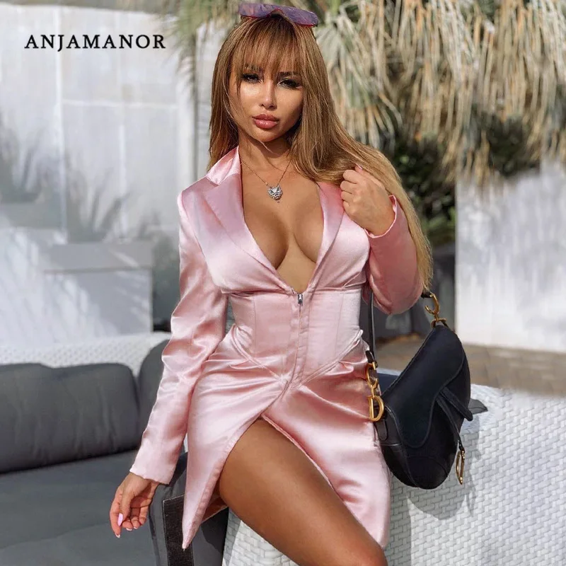 ANJAMANOR Розовые атласные шелковые сексуальные осенние платья женские вечерние