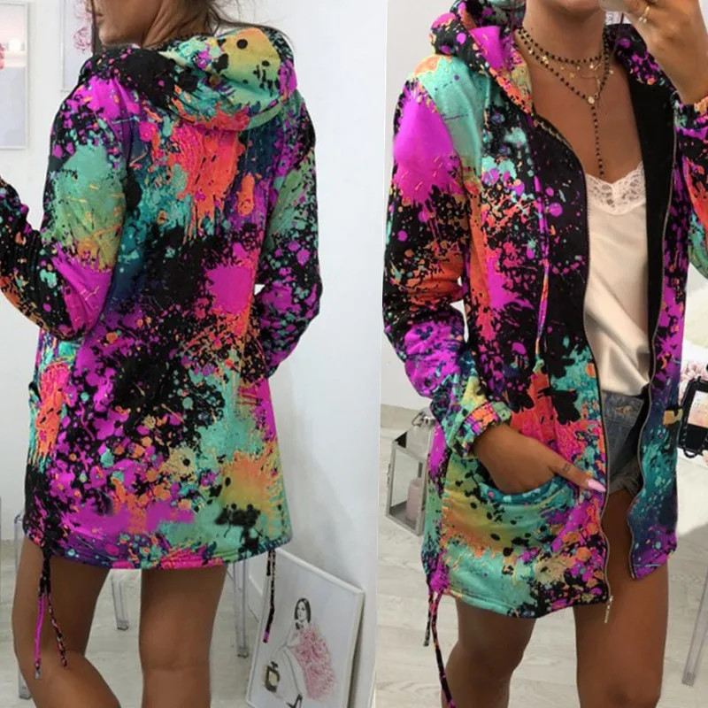 

Women Tie Dyeing Print Jacket Casual Long Sleeve Zipper Coat Outwear Overcoat Colourful Hooded Winter Hoodies Sweatshirt