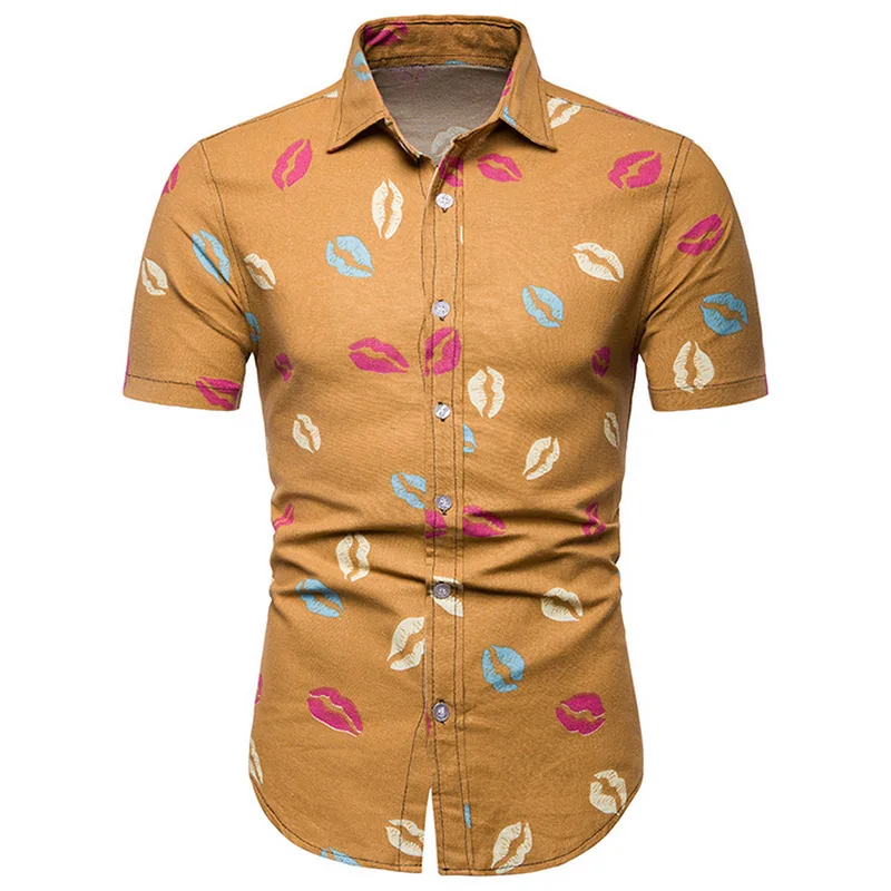 

Short Shirts Men Tide Linen Summer Lipstick Print Style Beach Hawaiian Shirt Men Casual Short Sleeve Hawaii Shirt Chemise Homme
