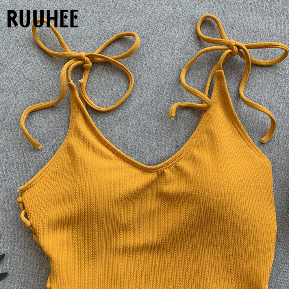 RUUHEE 2020 цельный купальник женский полый боди однотонный купальный костюм на