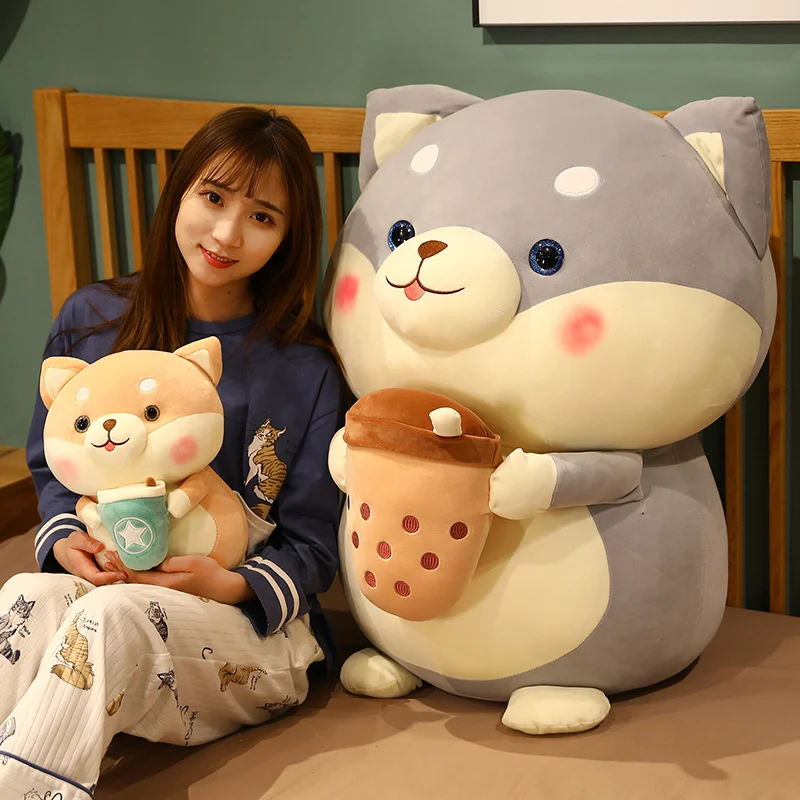 

1pc Kawaii Plush Shiba Inu Holding Milk Tea Toy Soft Stuffed Cartoon Animal Dog Doll Bedroom Decor kids girl friends Xmas Gift