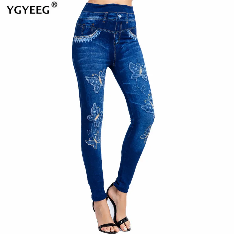 

YGYEEG Sexy Women Skinny Jeggings Pants High Waist Pencil Faux Denim Leggings Female Print Slim Fitness Ankle-Length Street Wear